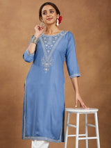 Women's Sky Blue Rayon Embroidered Straight Kurta