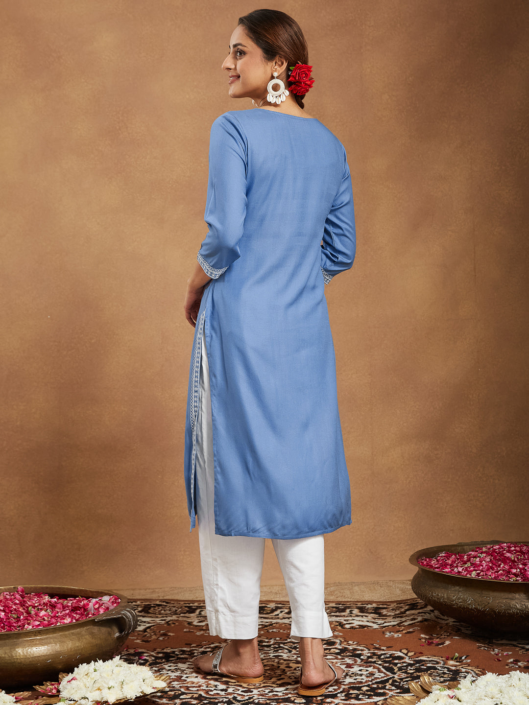 Women's Sky Blue Rayon Embroidered Straight Kurta