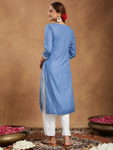 Women's Sky Blue Rayon Embroidered Straight Kurta