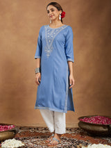 Women's Sky Blue Rayon Embroidered Straight Kurta