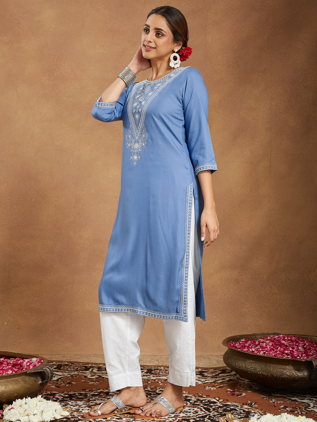 Women's Sky Blue Rayon Embroidered Straight Kurta