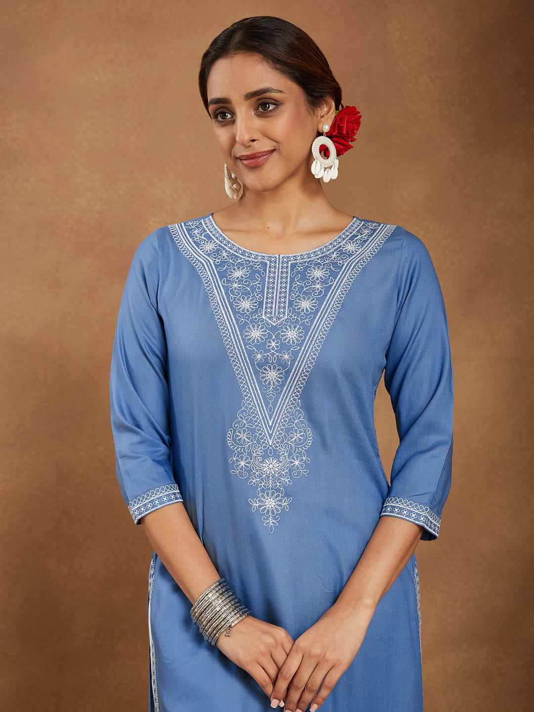 Women's Sky Blue Rayon Embroidered Straight Kurta