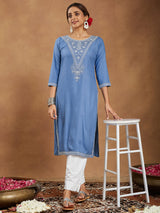 Women's Sky Blue Rayon Embroidered Straight Kurta