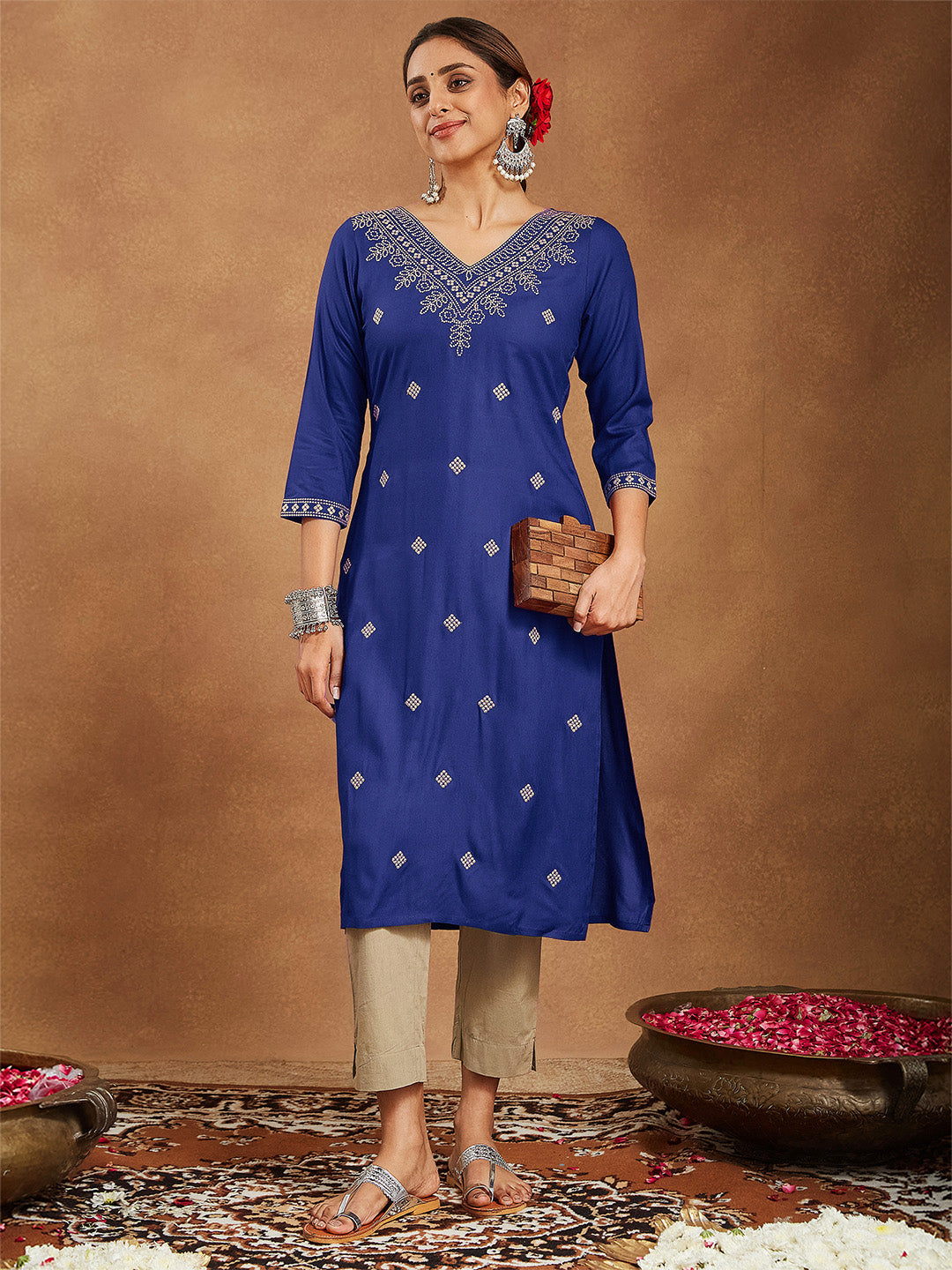 Women's Navy Blue Rayon Embroidered Straight Kurta
