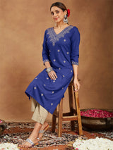 Women's Navy Blue Rayon Embroidered Straight Kurta