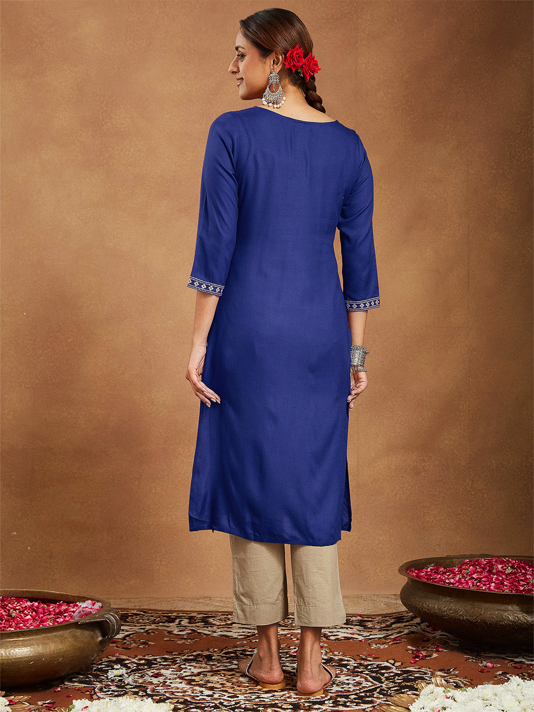 Women's Navy Blue Rayon Embroidered Straight Kurta
