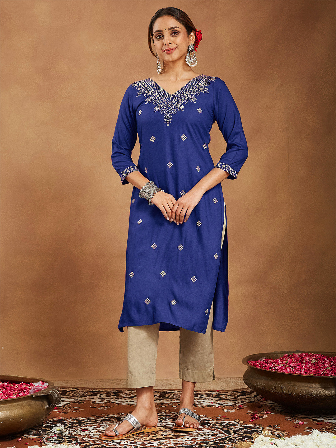 Women's Navy Blue Rayon Embroidered Straight Kurta