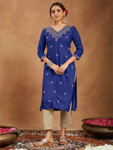Women's Navy Blue Rayon Embroidered Straight Kurta
