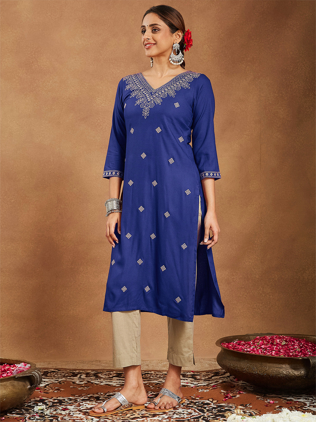 Women's Navy Blue Rayon Embroidered Straight Kurta
