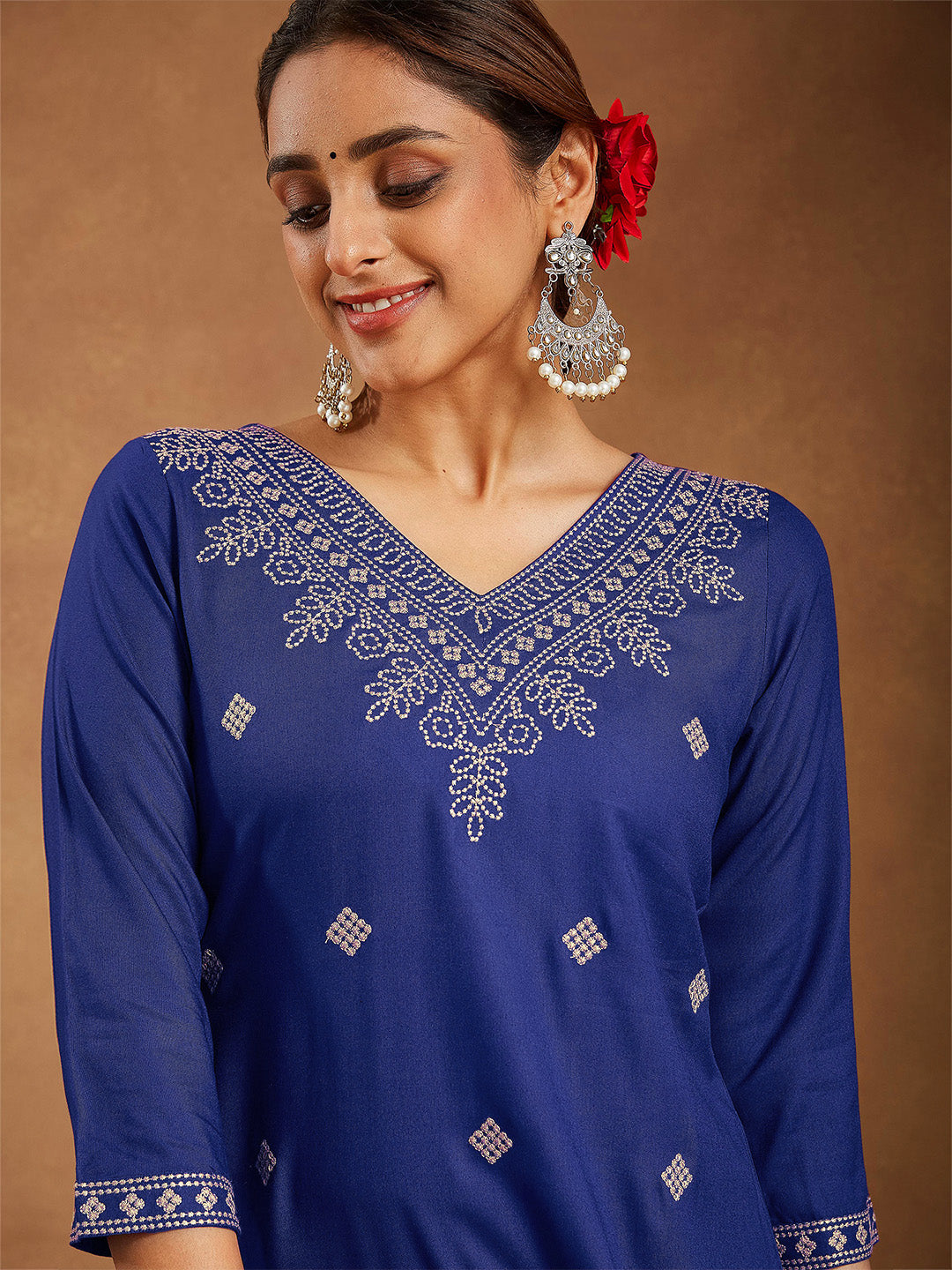 Women's Navy Blue Rayon Embroidered Straight Kurta
