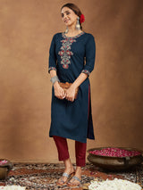 Women's Navy Blue Rayon Embroidered Straight Kurta