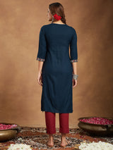 Women's Navy Blue Rayon Embroidered Straight Kurta