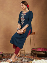 Women's Navy Blue Rayon Embroidered Straight Kurta