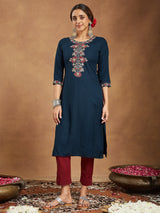 Women's Navy Blue Rayon Embroidered Straight Kurta