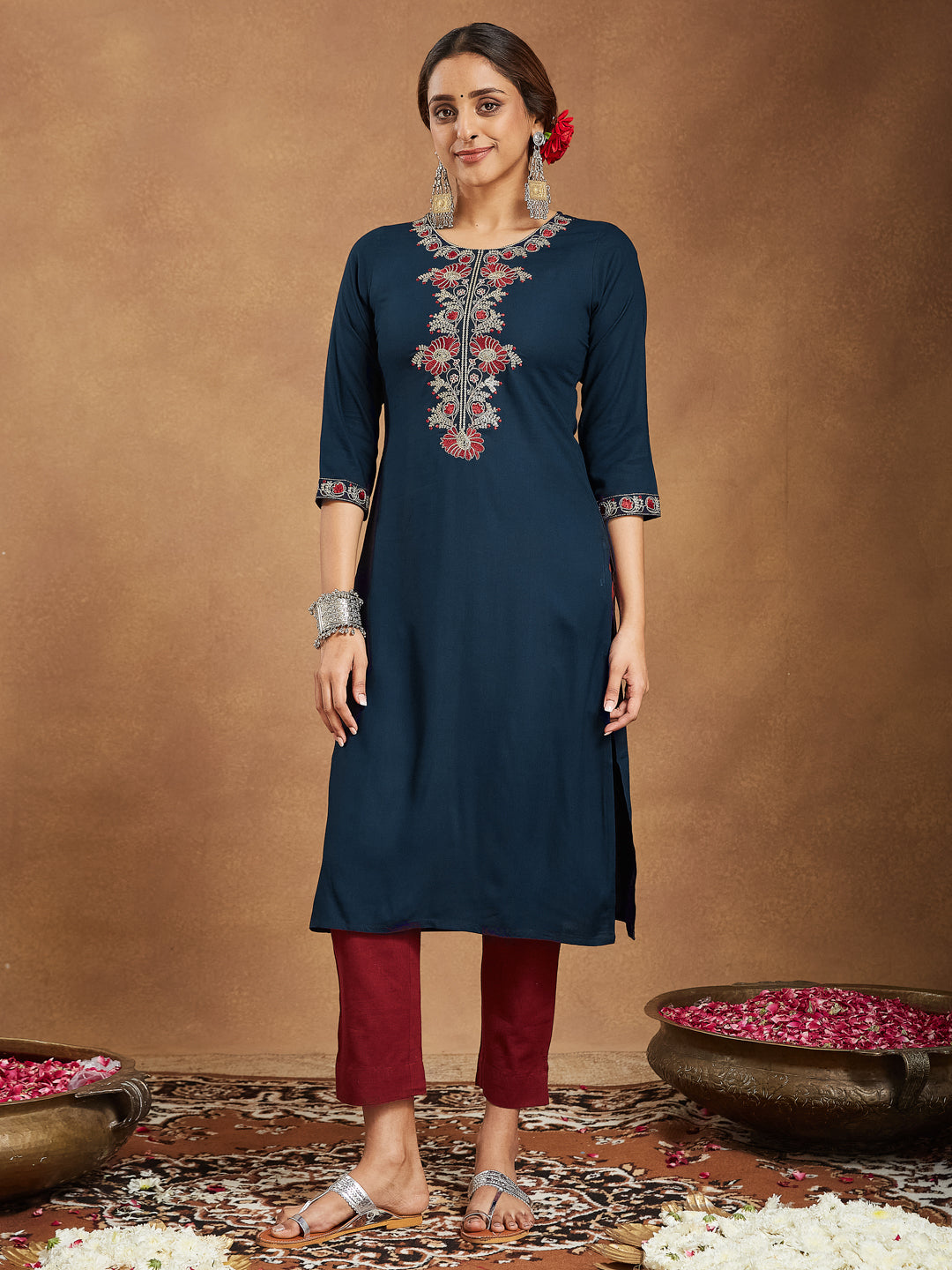 Women's Navy Blue Rayon Embroidered Straight Kurta