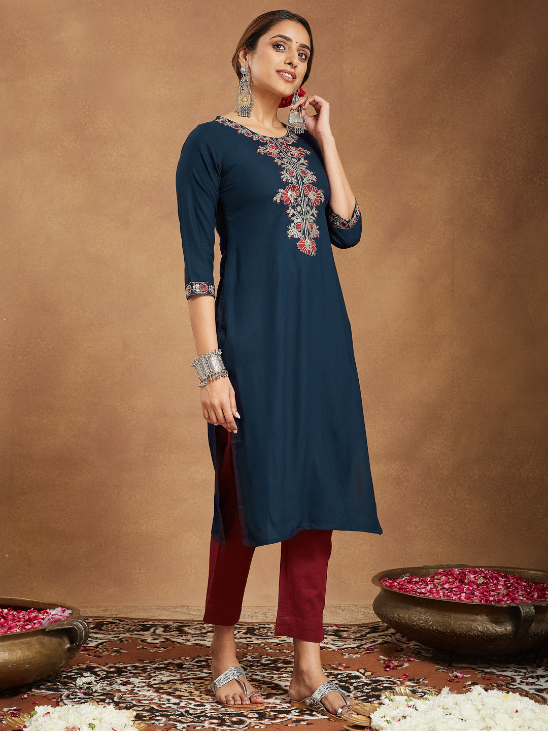 Women's Navy Blue Rayon Embroidered Straight Kurta