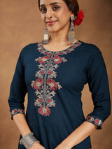Women's Navy Blue Rayon Embroidered Straight Kurta