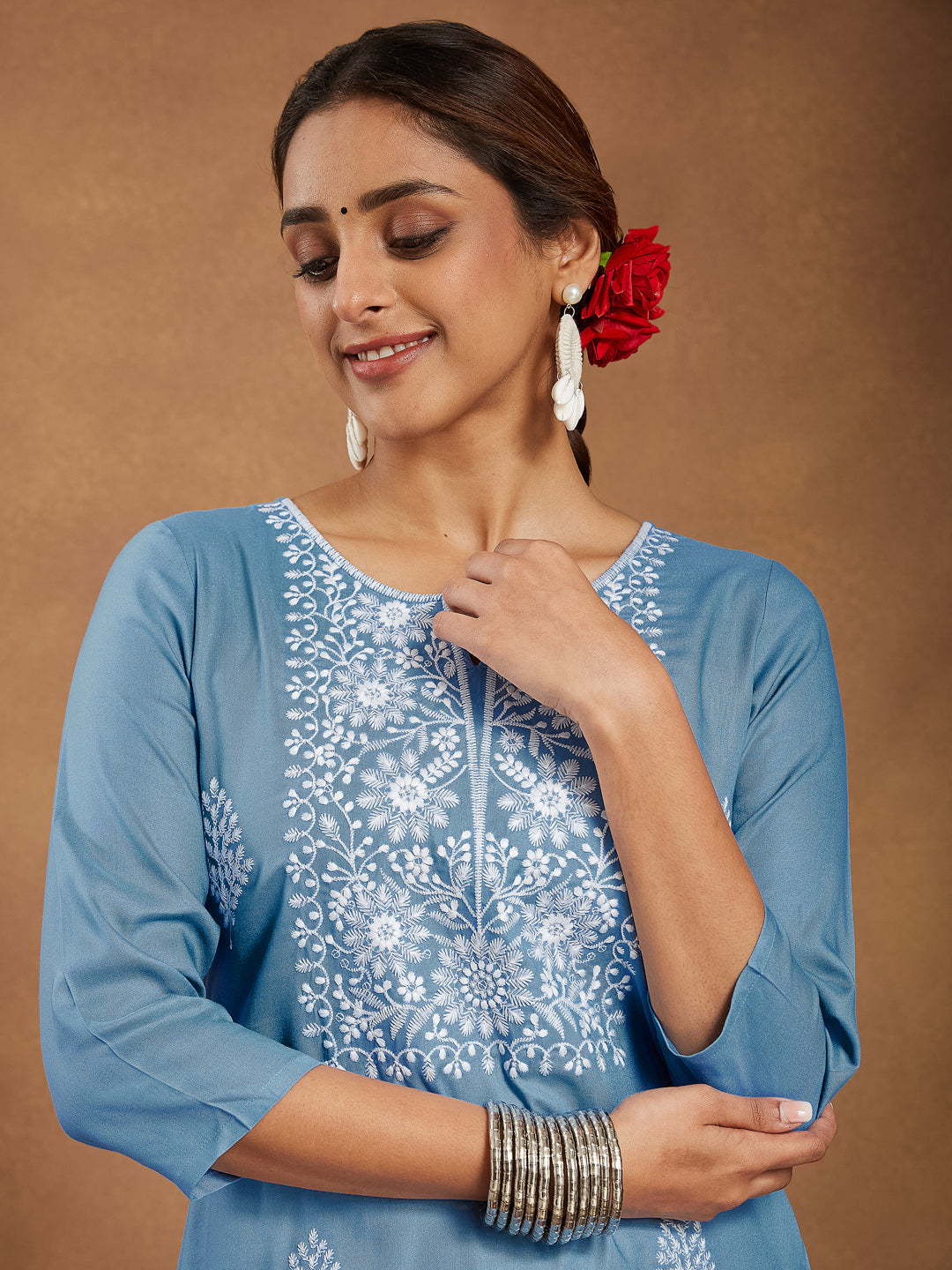Women's Sky Blue Rayon Embroidered Straight Kurta