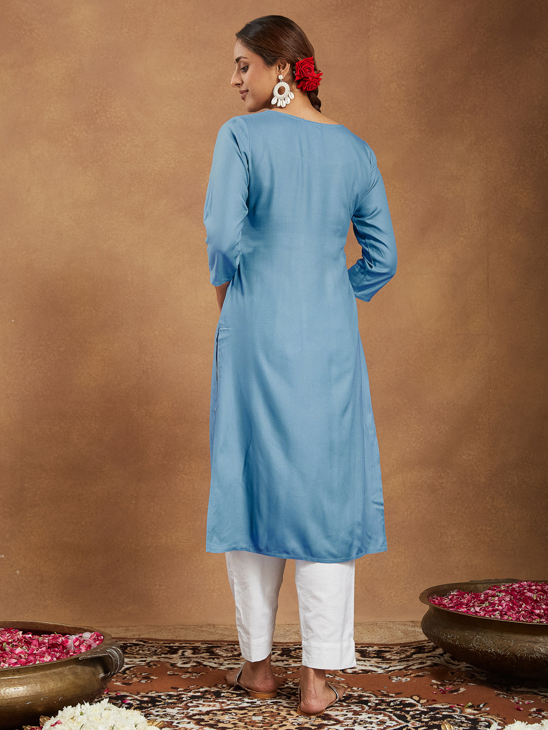 Women's Sky Blue Rayon Embroidered Straight Kurta