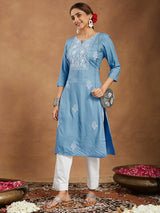 Women's Sky Blue Rayon Embroidered Straight Kurta