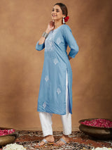Women's Sky Blue Rayon Embroidered Straight Kurta