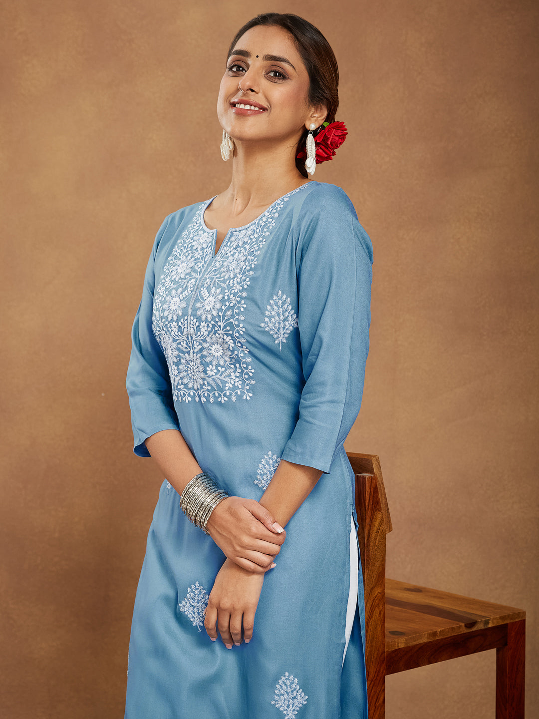 Women's Sky Blue Rayon Embroidered Straight Kurta