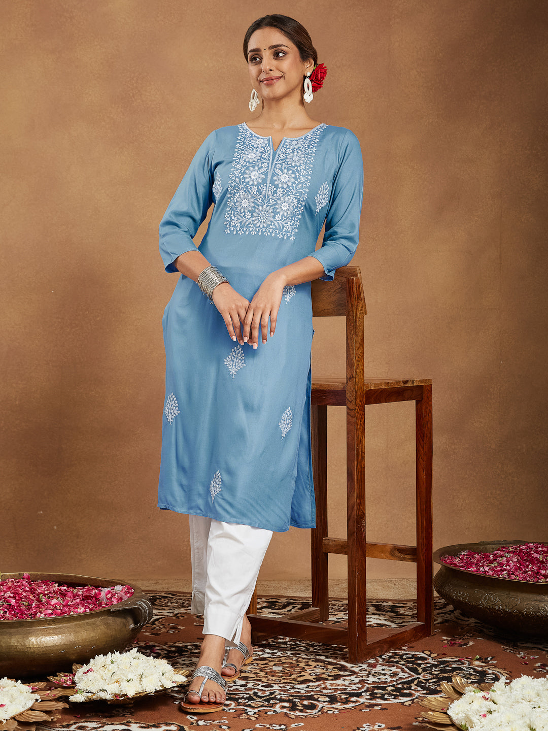 Women's Sky Blue Rayon Embroidered Straight Kurta