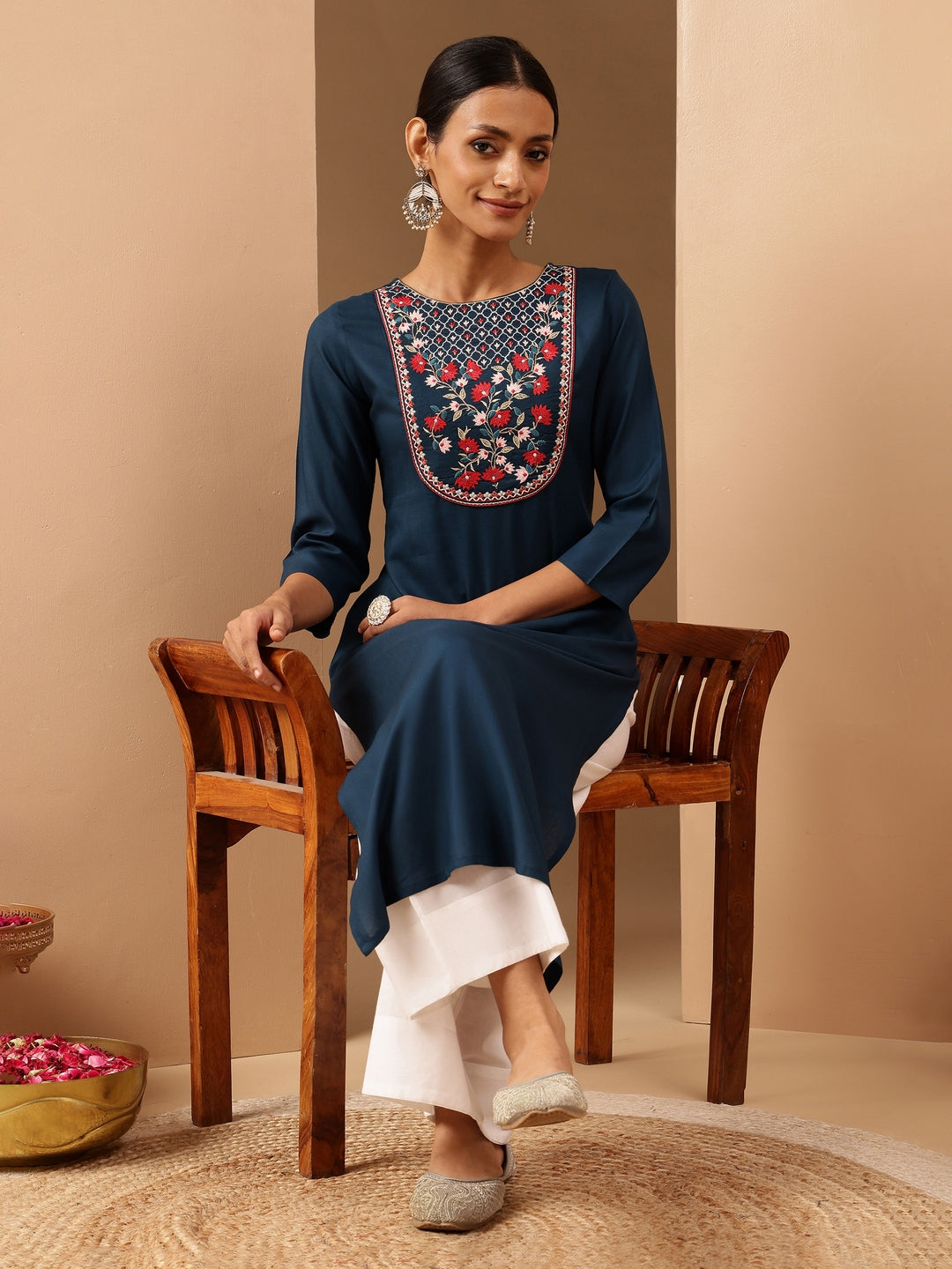 Women's Teal Blue Rayon Yoke Embroidered Straight Kurta