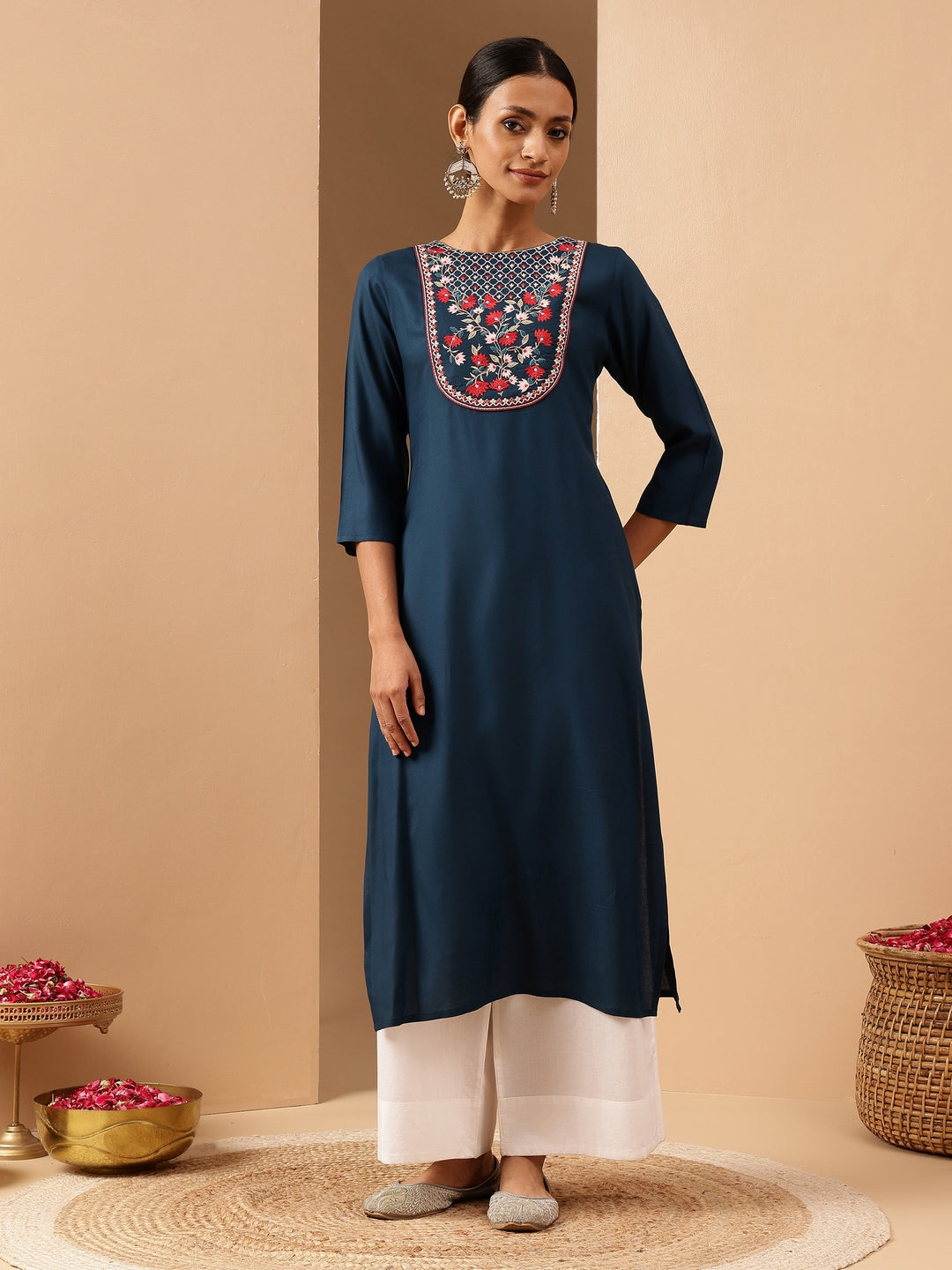 Women's Teal Blue Rayon Yoke Embroidered Straight Kurta