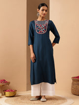 Women's Teal Blue Rayon Yoke Embroidered Straight Kurta