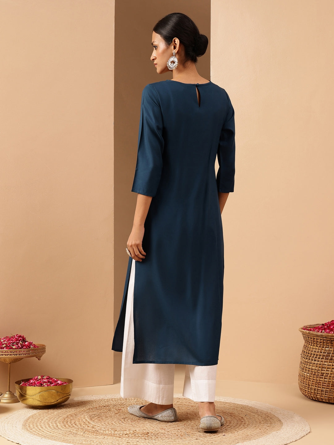 Women's Teal Blue Rayon Yoke Embroidered Straight Kurta