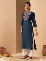 Women's Teal Blue Rayon Yoke Embroidered Straight Kurta