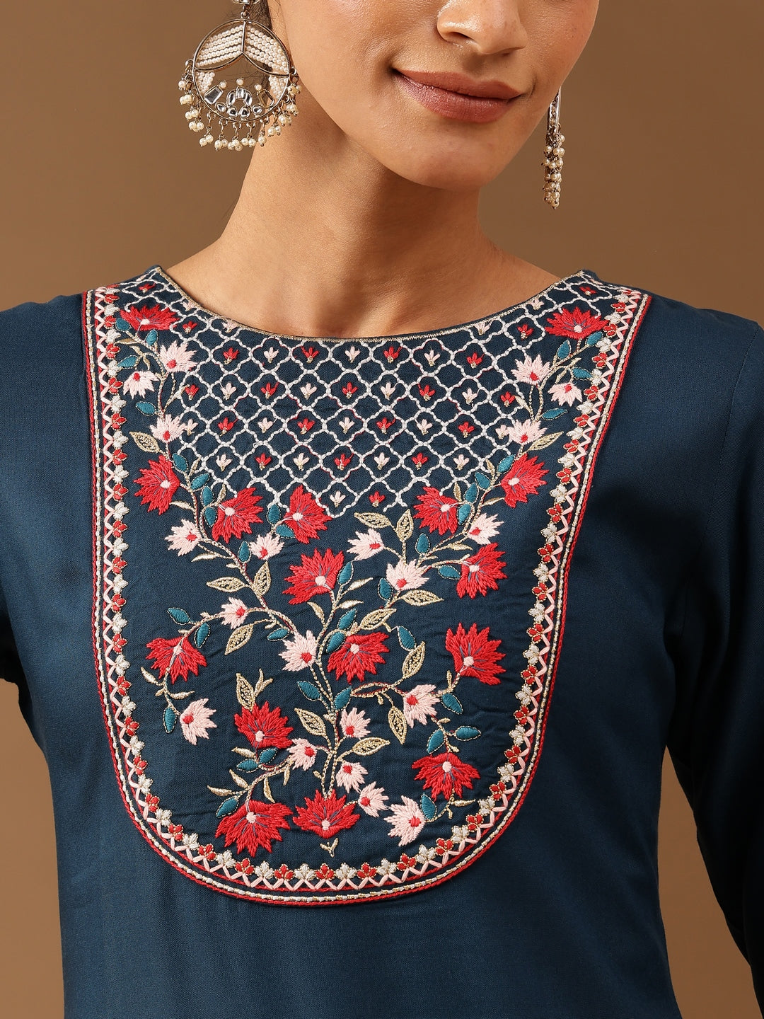 Women's Teal Blue Rayon Yoke Embroidered Straight Kurta