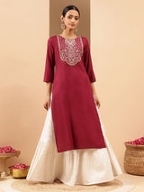 Women's Wine Royan Yoke Embroidered Straight Kurta