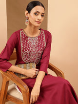 Women's Wine Royan Yoke Embroidered Straight Kurta