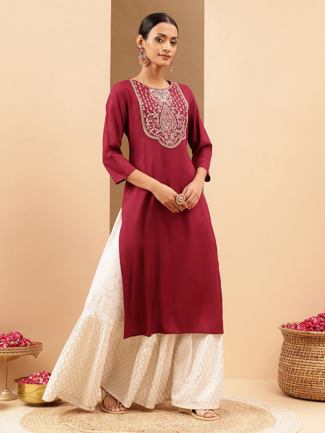 Women's Wine Royan Yoke Embroidered Straight Kurta