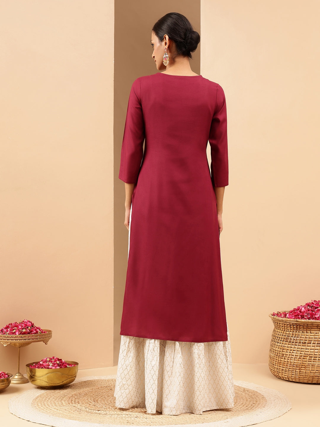 Women's Wine Royan Yoke Embroidered Straight Kurta
