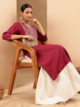 Women's Wine Royan Yoke Embroidered Straight Kurta