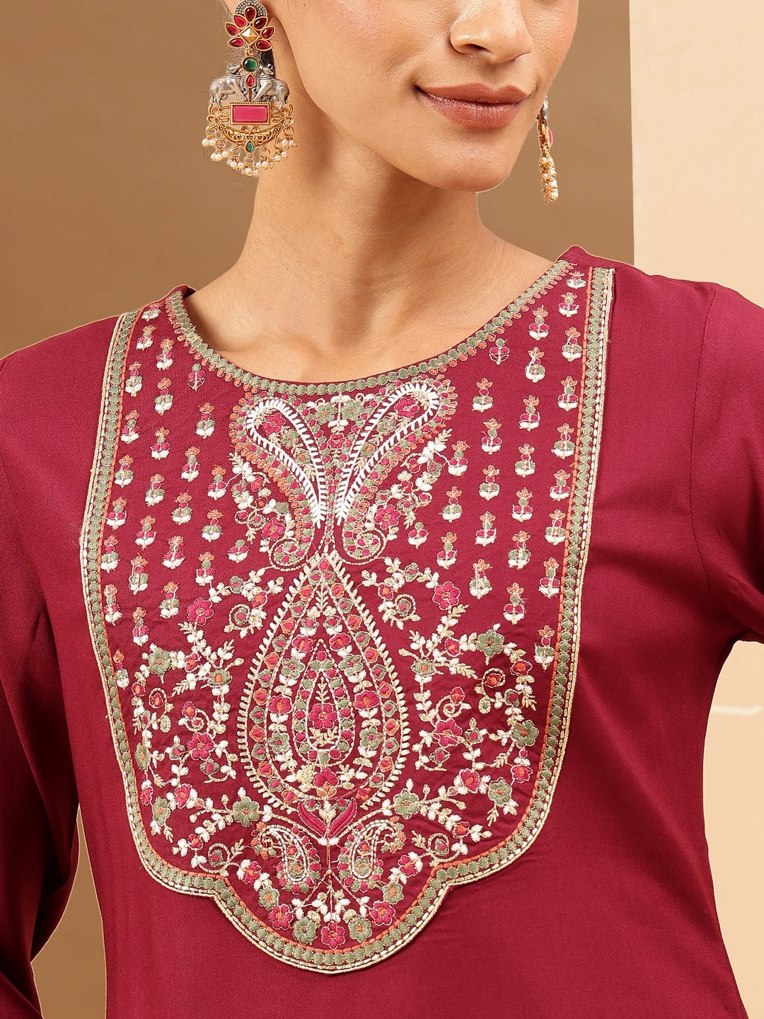 Women's Wine Royan Yoke Embroidered Straight Kurta