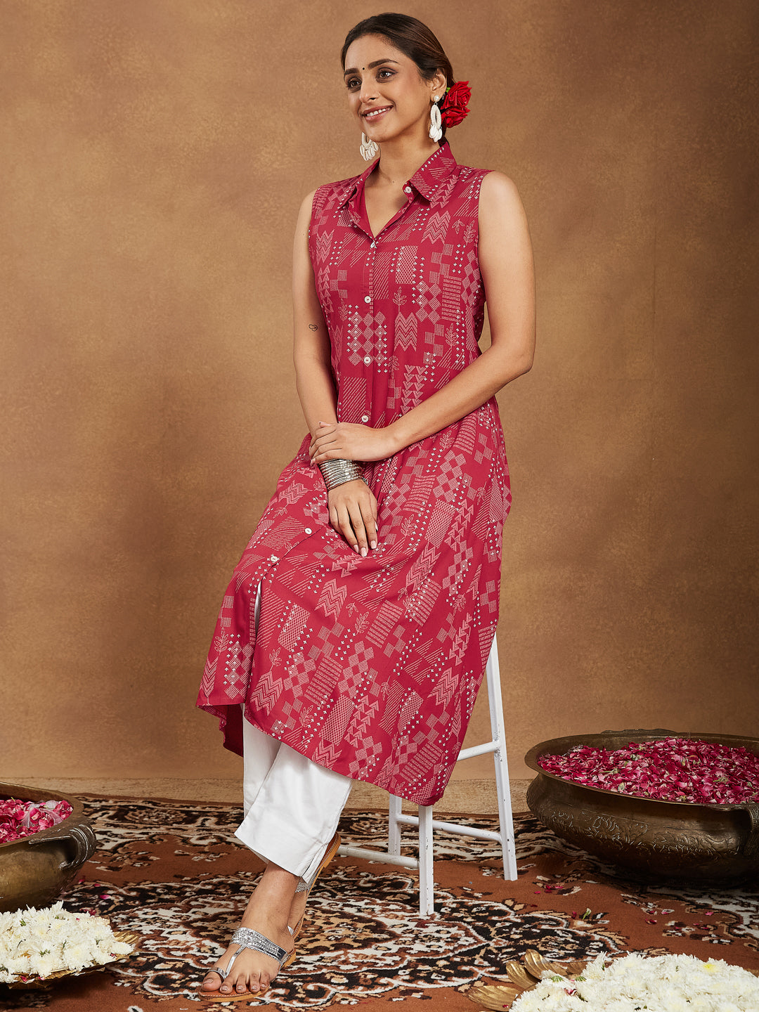 Women's Red Rayon Geometric Printed A-line Shirt Kurta