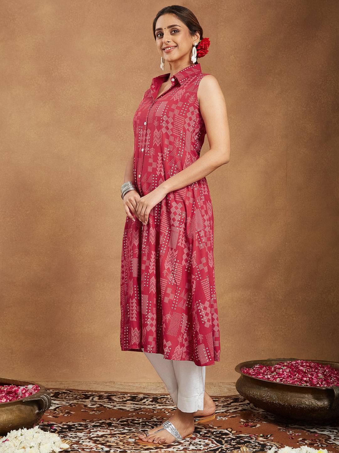 Women's Red Rayon Geometric Printed A-line Shirt Kurta