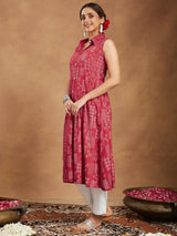 Women's Red Rayon Geometric Printed A-line Shirt Kurta