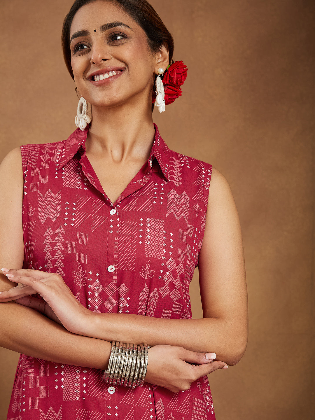 Women's Red Rayon Geometric Printed A-line Shirt Kurta