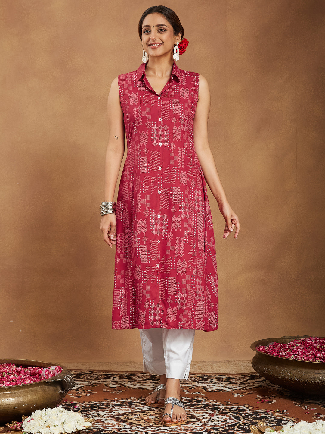 Women's Red Rayon Geometric Printed A-line Shirt Kurta