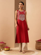 Women's Red Silk Blend Zari Embroidered Straight Kurta