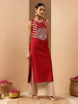 Women's Red Silk Blend Zari Embroidered Straight Kurta