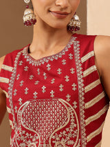 Women's Red Silk Blend Zari Embroidered Straight Kurta