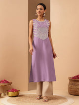 Women's Lavender Silk Blend Zari Embroidered Straight Kurta