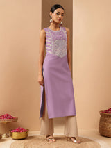 Women's Lavender Silk Blend Zari Embroidered Straight Kurta