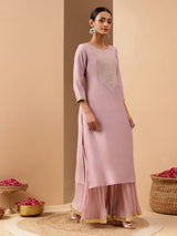 Women's Lavender Silk Blend Yoke Embroidered Straight Kurta